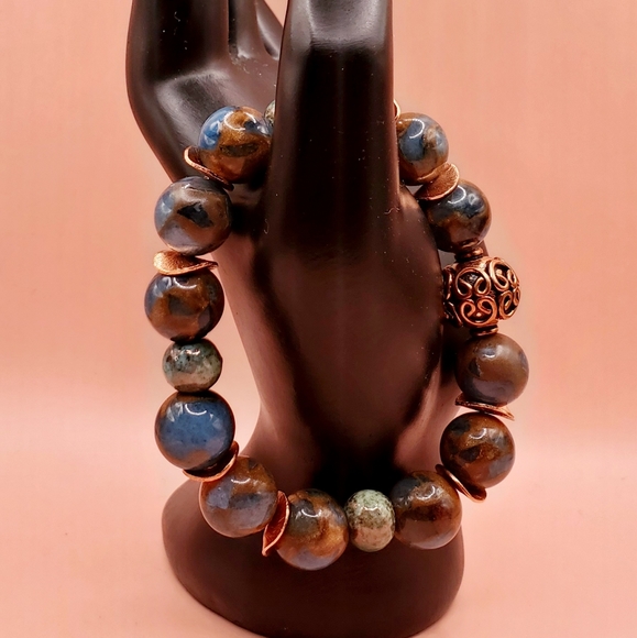 Teal Impression Jasper, Raku and Copper Beaded Bracelet - Picture 2 of 6